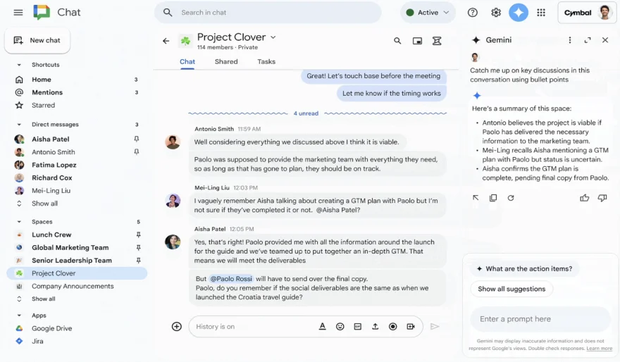 Google’s Gemini AI can now provide conversation summaries in Google Chat.